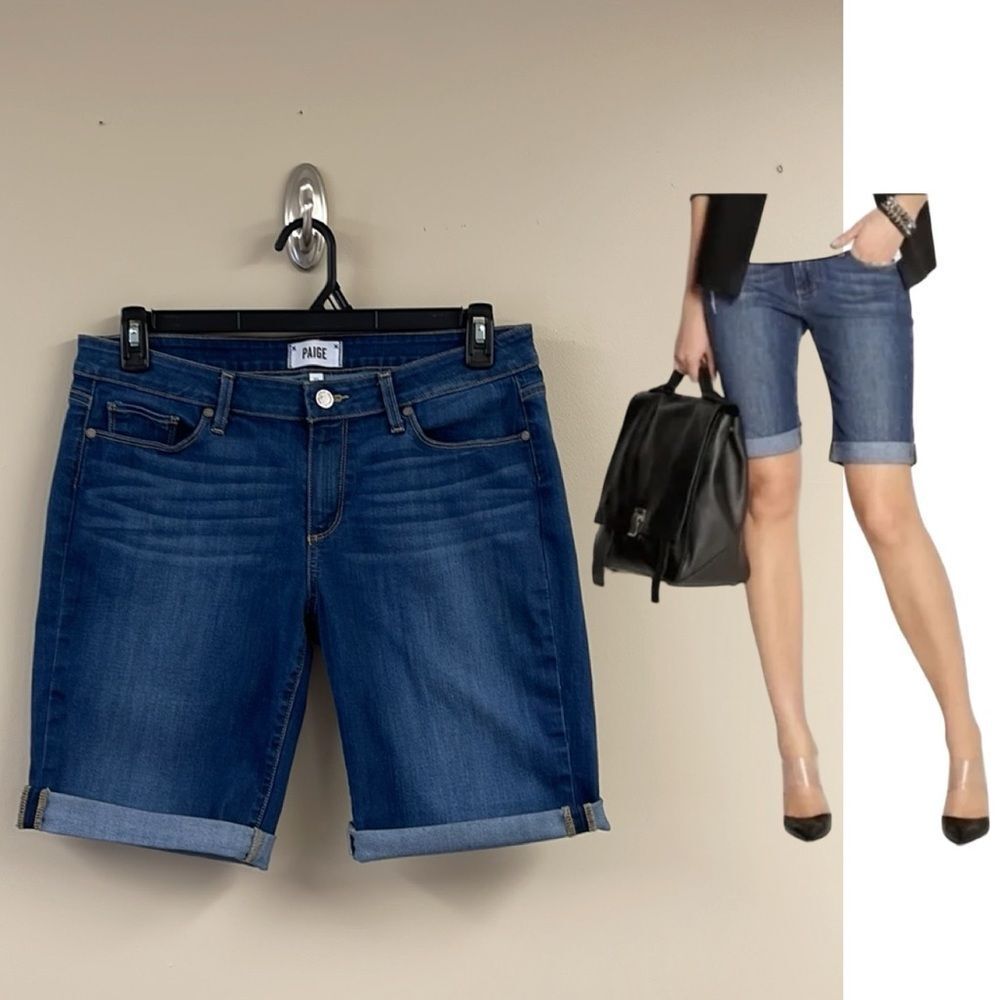 PAIGE Scheyla Rolled Hem Denim Jean Shorts Raw Hem Bermuda 11” inseam Size 31